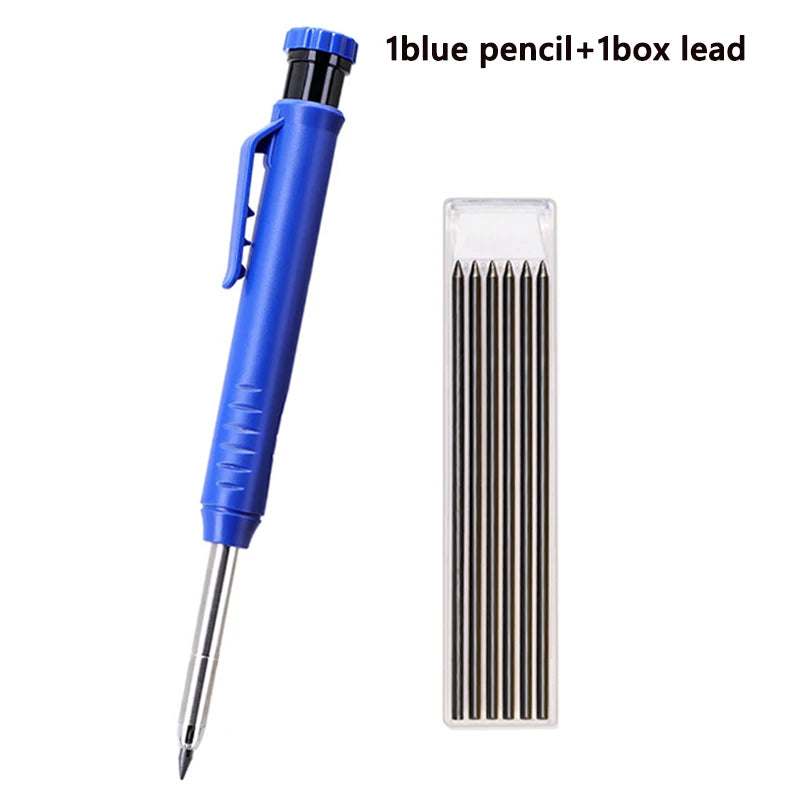 Bluer Präzisionsbleistift und Bleistiftkarton für das Holzbearbeiten.