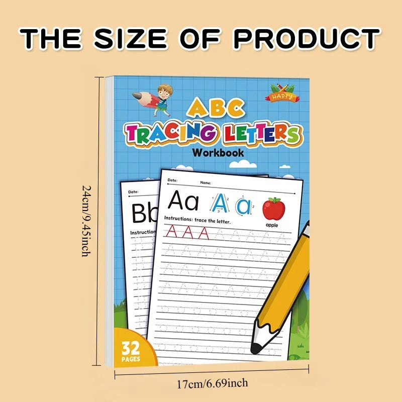 A workbook titled ABC Tracing Letters for children with practice sheets and an apple illustration