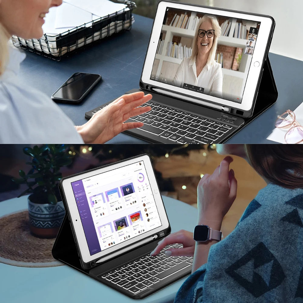 A woman is using a Bluetooth keyboard case for an iPad on a laptop, demonstrating its use.