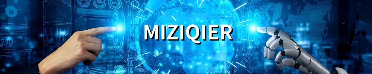 Une main pointe vers le texte MIZIQIER sur un fond numérique bleu avec une main robotique visible.