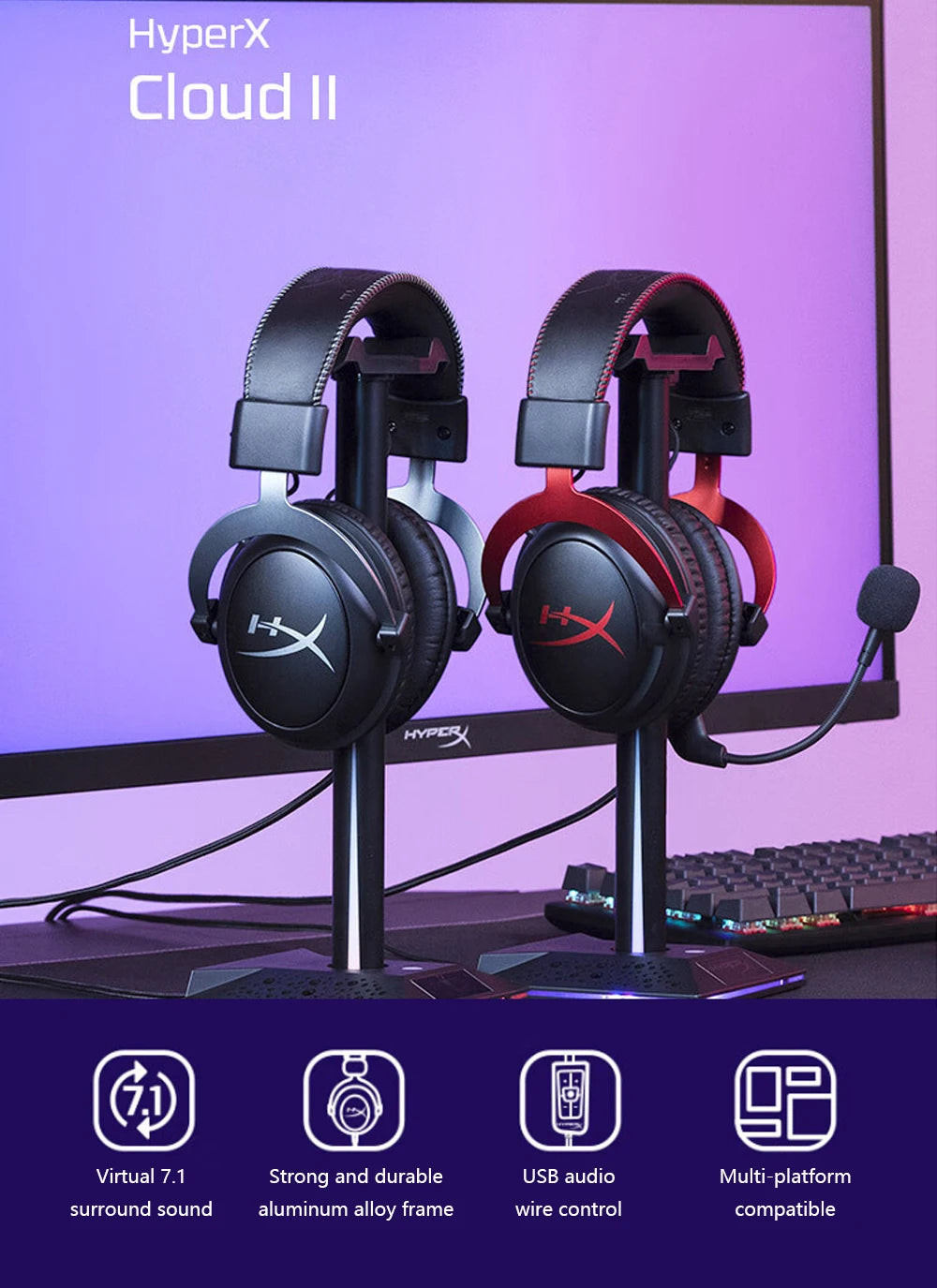 HyperX Cloud II headset headphones displayed on a desk with a computer monitor.
