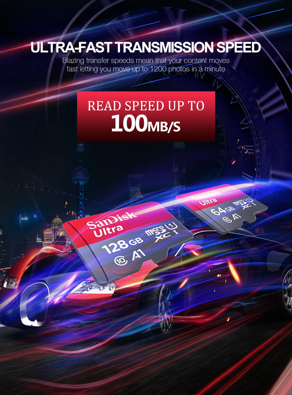 Rote und blaue SanDisk Ultra Speicherkarte in Bewegung, die ultraschnelle Datenübertragungsgeschwindigkeit betont.