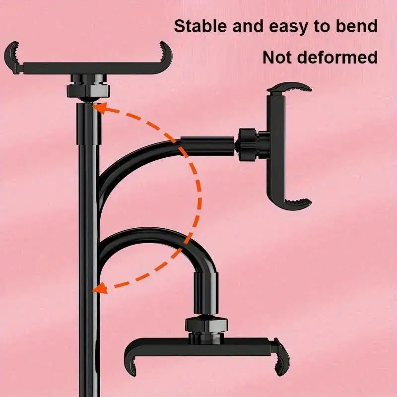 A black gooseneck tablet holder with a flexible arm demonstrating its stability and ability to bend without deformation.