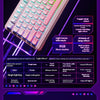 A close-up of a pink mechanical keyboard with RGB lighting and a control knob, showing various light effects options.