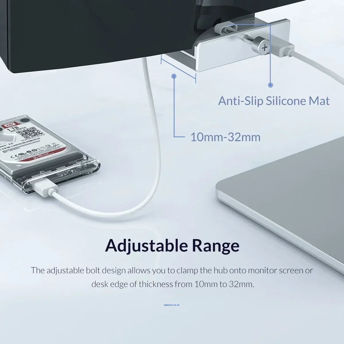 A multi-port USB 3.0 hub with an adjustable clip is shown being mounted onto a monitor screen.