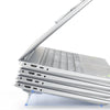 A silver foldable laptop and tablet stand riser with a metal hinge shown in an open position.