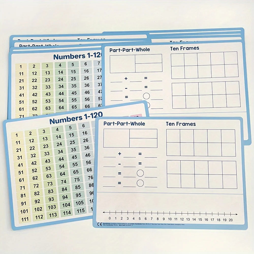A set of math posters showing number lines and ten frames for numbers 1-120