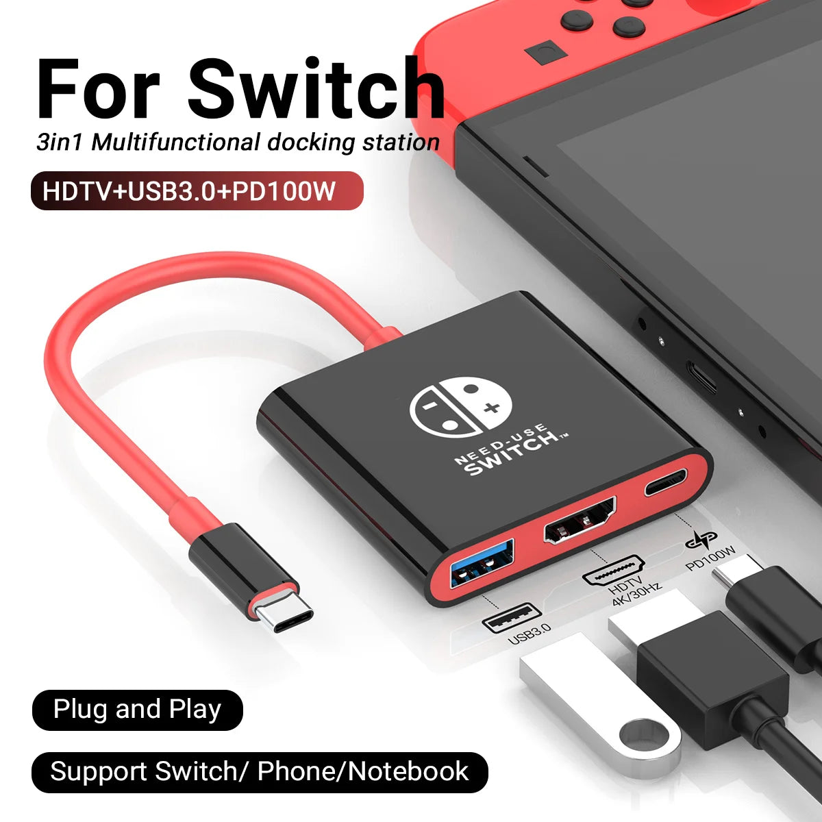 A red docking station for the Switch featuring an HDMI port, USB 3.0, and a PD 100W charging output.