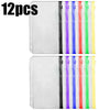 A set of 12 clear PVC zipper binder pockets for cash and small items, featuring various colored zipper pulls.