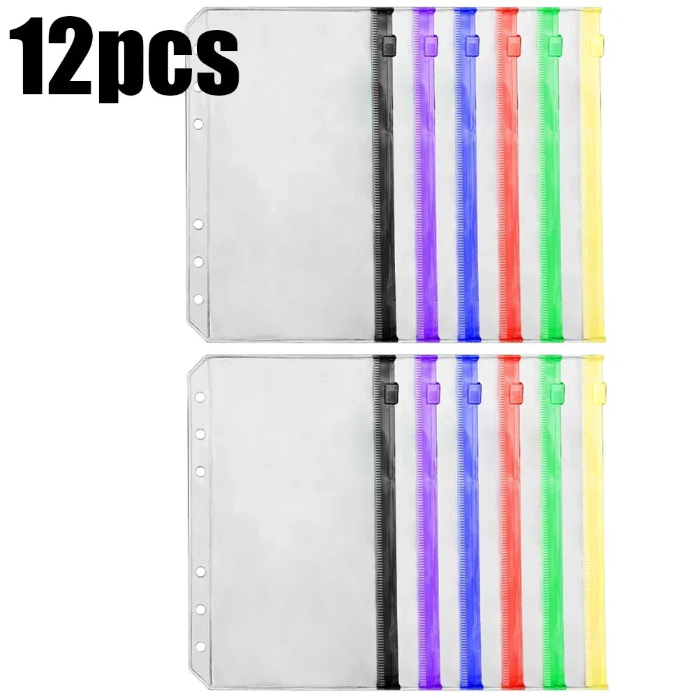 A set of 12 clear PVC zipper binder pockets for cash and small items, featuring various colored zipper pulls.
