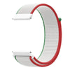 A white and red nylon loop watch strap is shown, featuring a woven texture and a white plastic buckle.