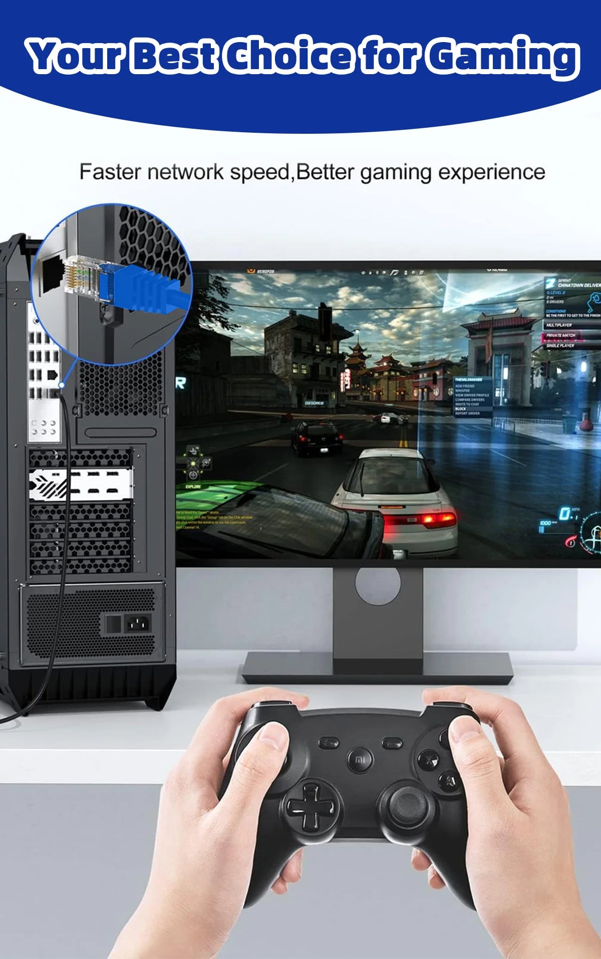 Eine Hand hält eine schwarze Gaming-Konsole vor einem Computerset mit PC-Gehäuse und Monitor.