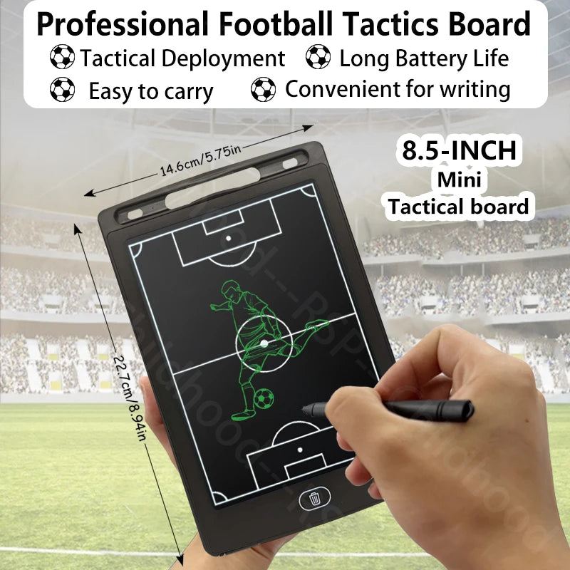A hand holds an 8.5-inch mini tactical board showing a soccer field layout for football tactics.