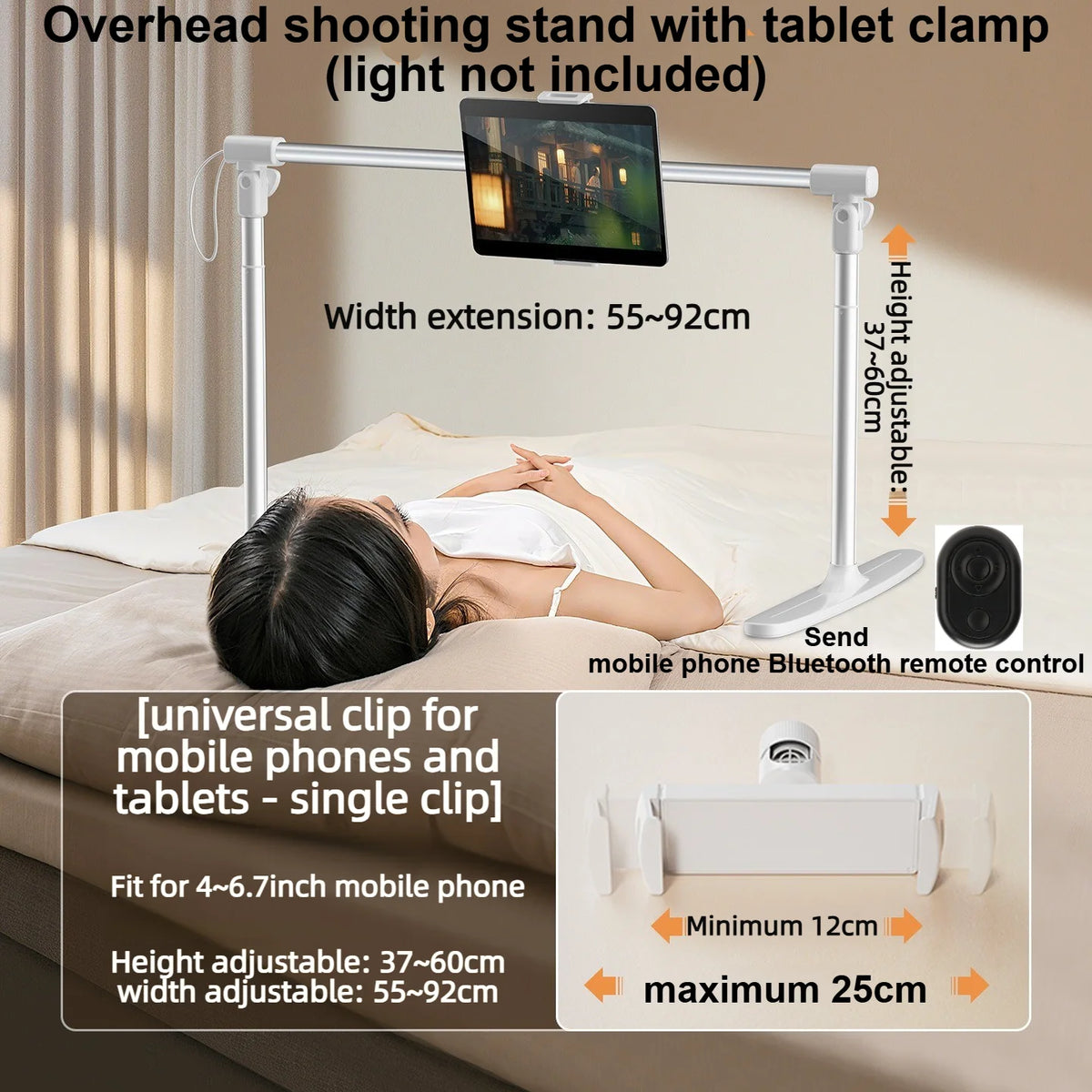 Überkopfmontageständer mit Tablet-Klemme zur Befestigung von Geräten auf Bett oder Oberfläche.
