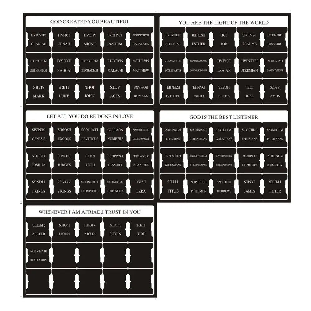 A grid of large print self-adhesive Bible tabs with various names and verses for marking scripture.