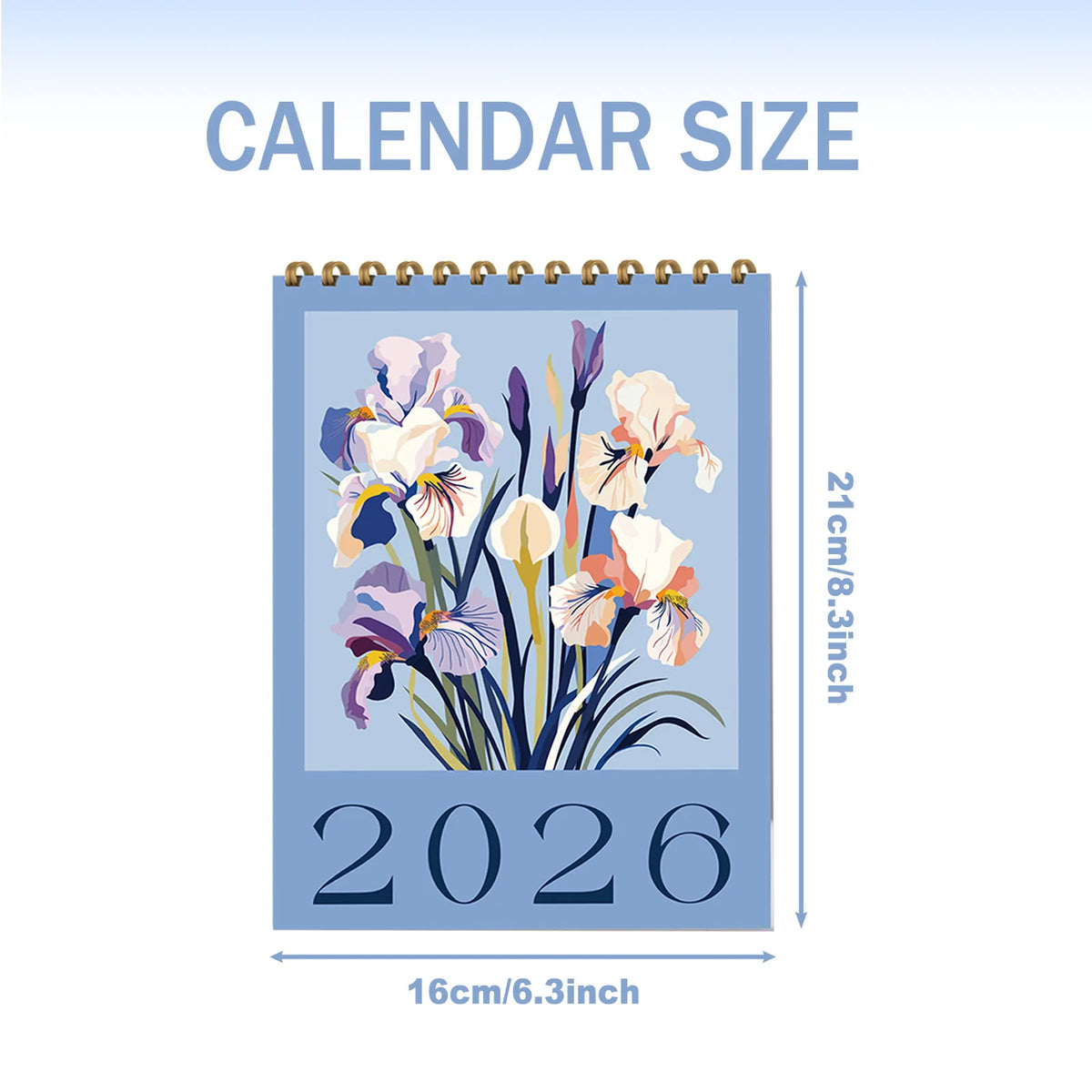 Calendario de escritorio azul para 2026 con ilustración floral y dimensiones de 21cm x 16cm.