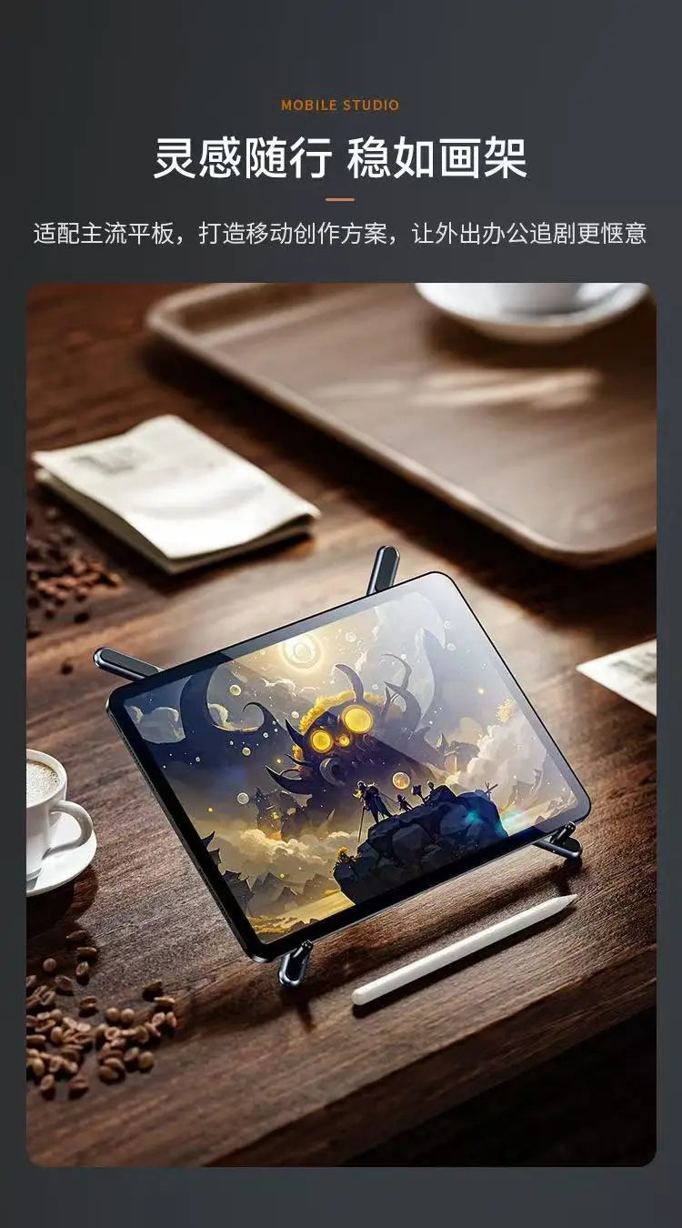Klappbares Aluminium-Handy oder Tablet mit Landschaftsdesign auf Holzoberfläche
