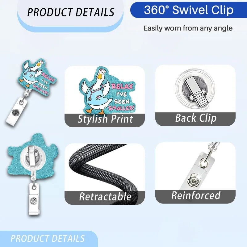 A set of acrylic nurse badge reels featuring a stylish print and a back clip, with a retractable design.