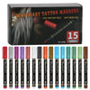 Box of temporary tattoo markers featuring 15 colors and a soft brush nib for skin painting.