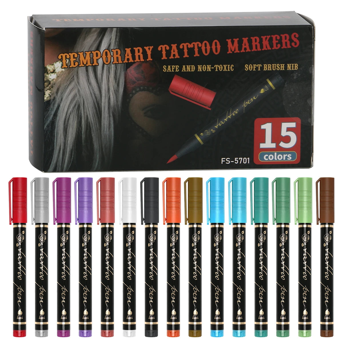 Box of temporary tattoo markers featuring 15 colors and a soft brush nib for skin painting.