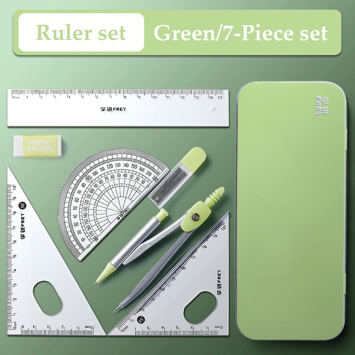 Juego de regla verde con regla, transportador y herramientas de medición metálicas sobre fondo verde claro.
