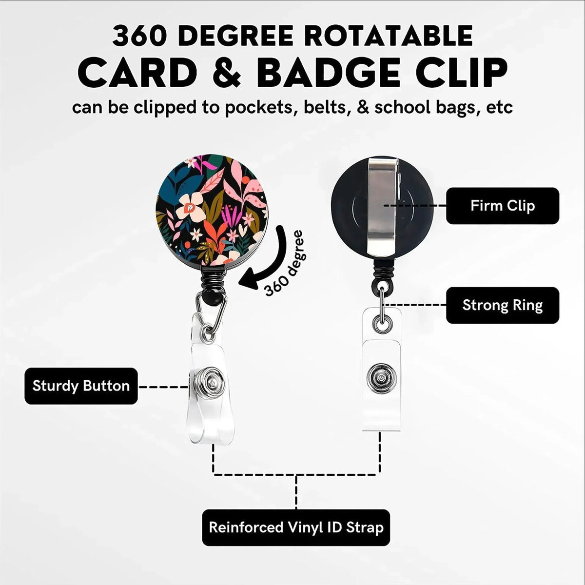 360 degree rotatable card and badge clip with a floral design, featuring a firm clip, strong ring, and reinforced vinyl ID st