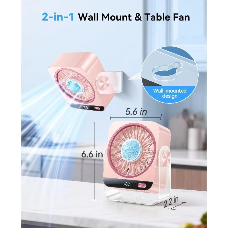 A pink 2-in-1 wall mount and table fan with a mesh grille, shown in both mounted and standalone forms.