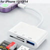 Adaptador blanco para iPhone 12/13/14 que se conecta a un lector de tarjetas USB con ranura para tarjeta SD.