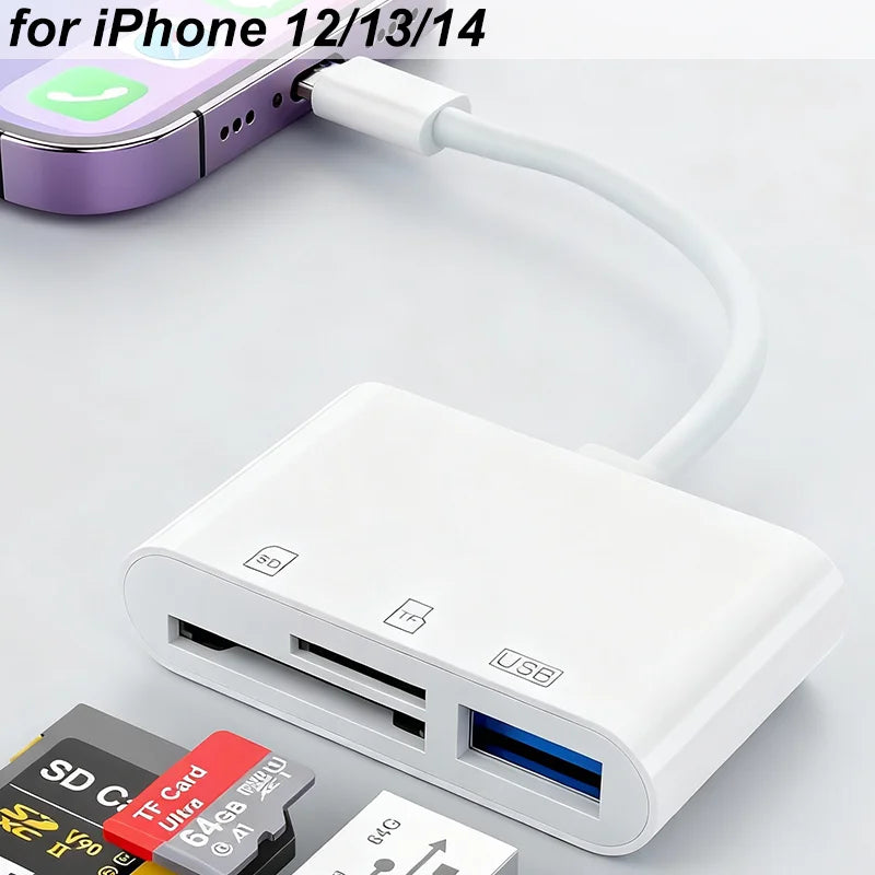 Adaptador blanco para iPhone 12/13/14 que se conecta a un lector de tarjetas USB con ranura para tarjeta SD.