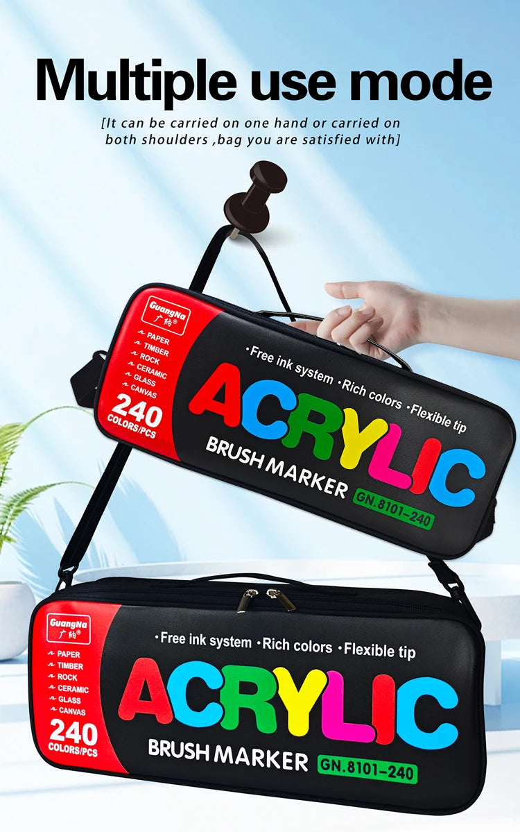 A black acrylic paint marker set is shown in two modes: one carried on a shoulder strap and another as a portable case.