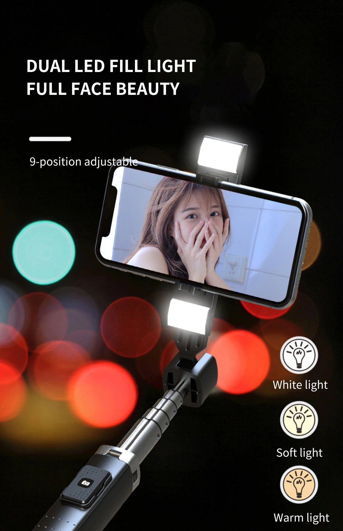 A dual LED fill light mounted on a selfie stick, illuminating a face for beauty photography.