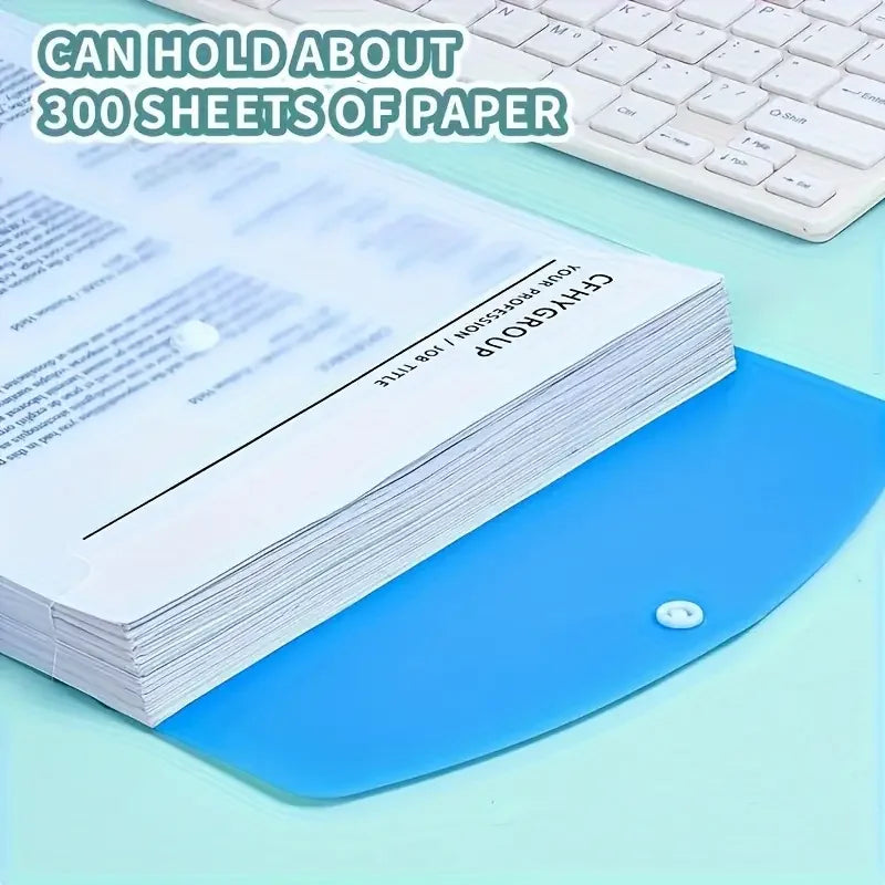 A stack of white paper inside a blue file folder with a push-button ring binder visible on a light green surface.