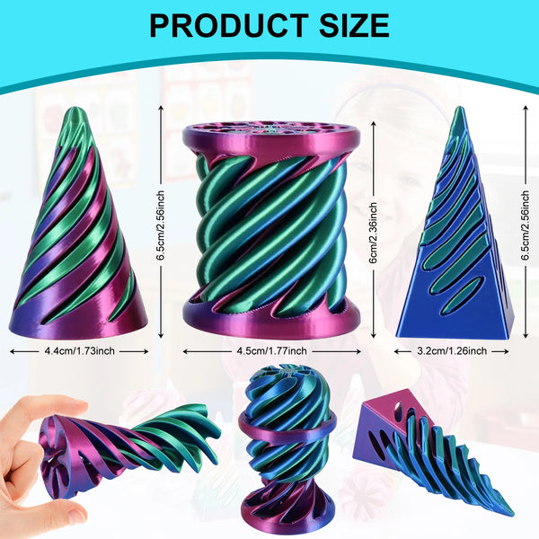 A set of three purple and green spiral fidget toys shown in various angles and sizes.