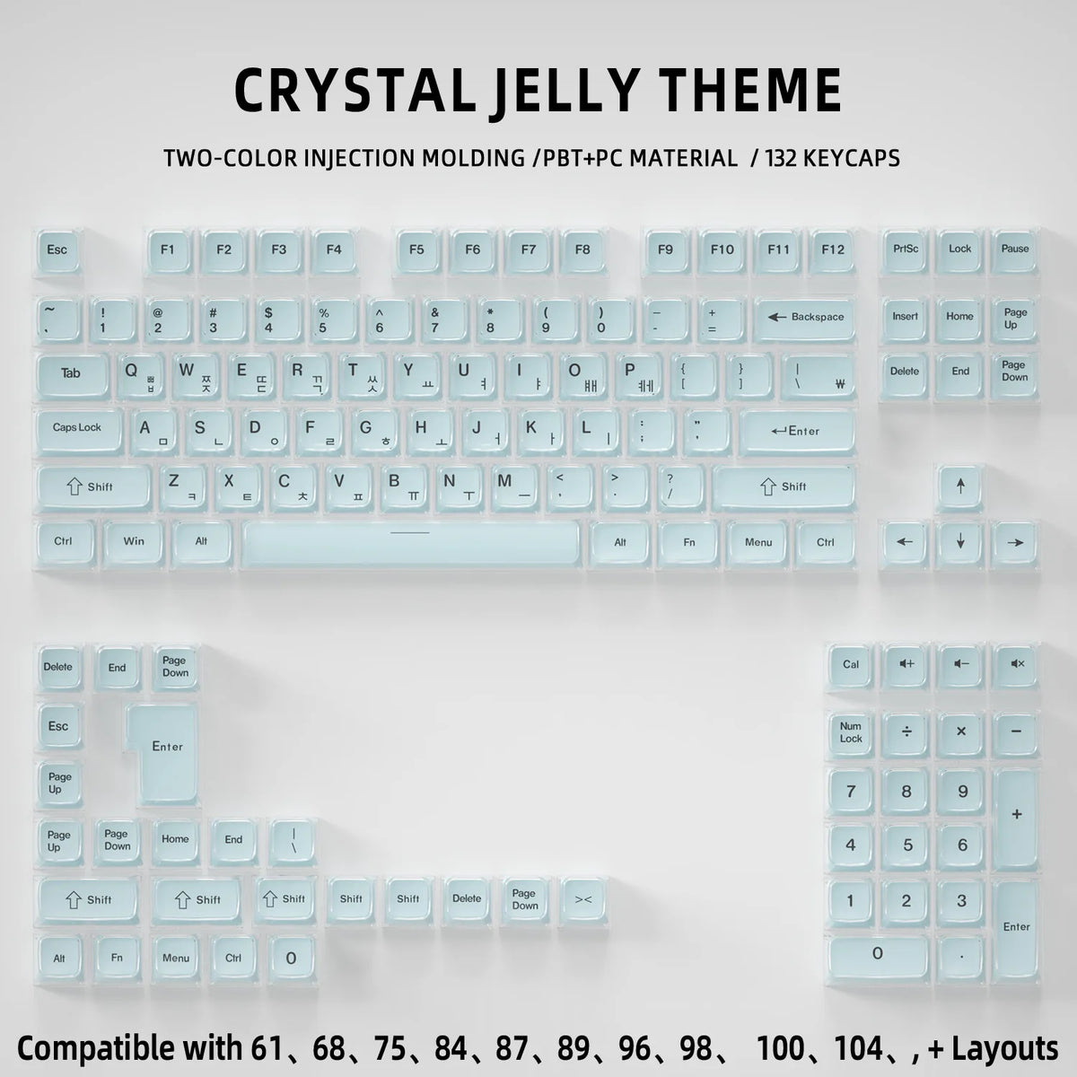 A close-up view of a white mechanical keyboard with crystal jelly theme keycaps and a light blue accent bar.