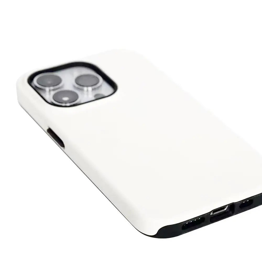 Funda para teléfono blanca con diseño de lente de cámara de doble capa transparente.
