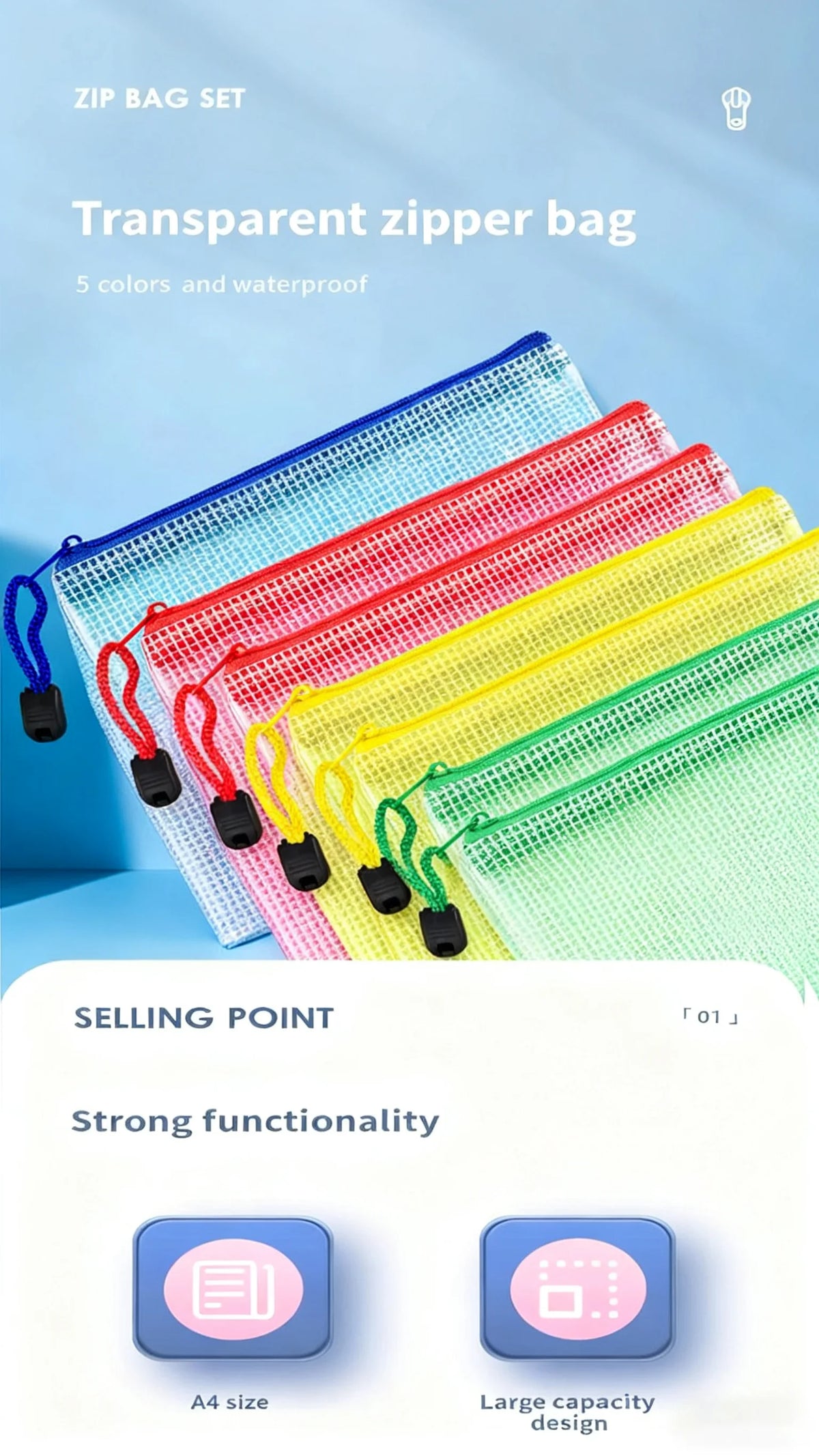 Un conjunto de bolsas transparentes con cremallera de cinco colores, demostrando gran funcionalidad y gran capacidad.