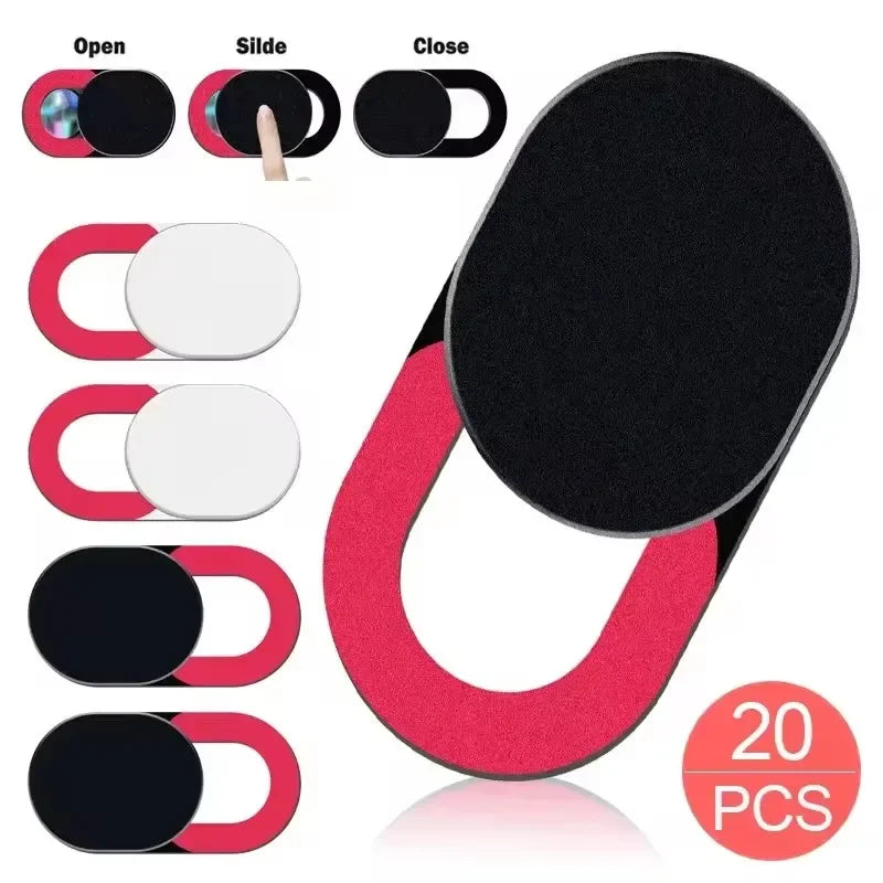Set of camera privacy sliders in black and red for mobile and laptop devices