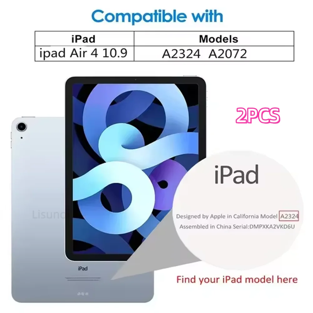 A display showing a 9H tempered glass screen protector for iPad models A2324 and A2072.