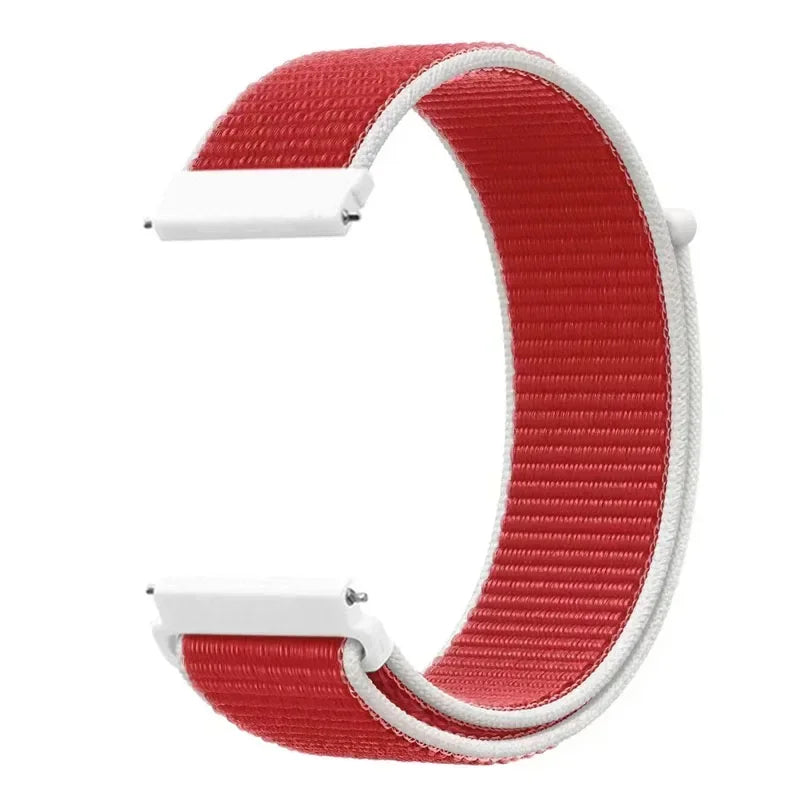 A close-up view of a red and white nylon loop watch strap for a child's watch.