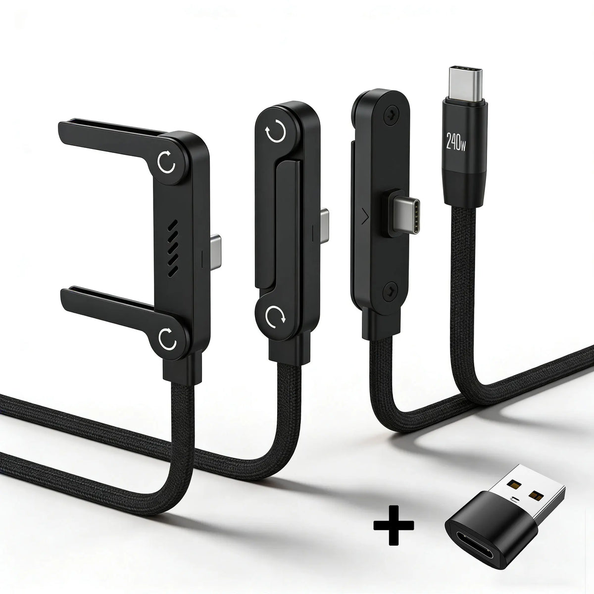 A black foldable charging cable with an integrated stand and a USB-C connector is shown next to its disassembled parts.