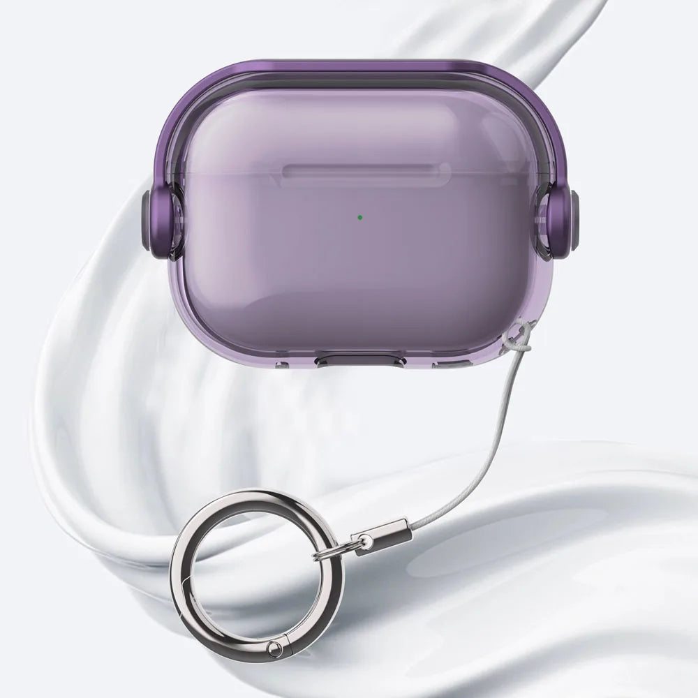 A purple silicone lock case for AirPods is shown resting on a white, curved surface.