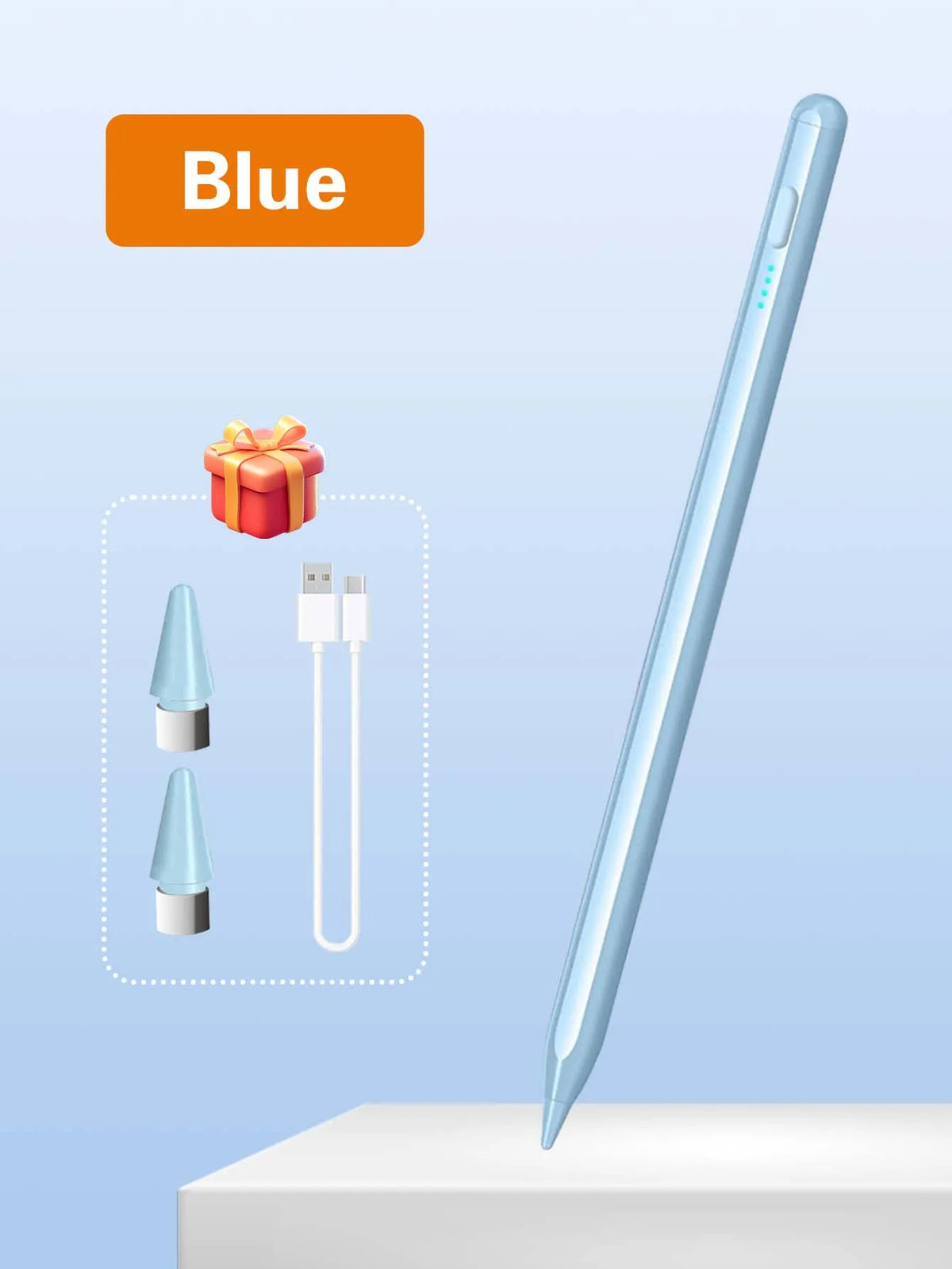 Blauer Präzisions-Tilt-Sensorstift neben einer Geschenkbox und Ladekabel auf weißer Oberfläche.