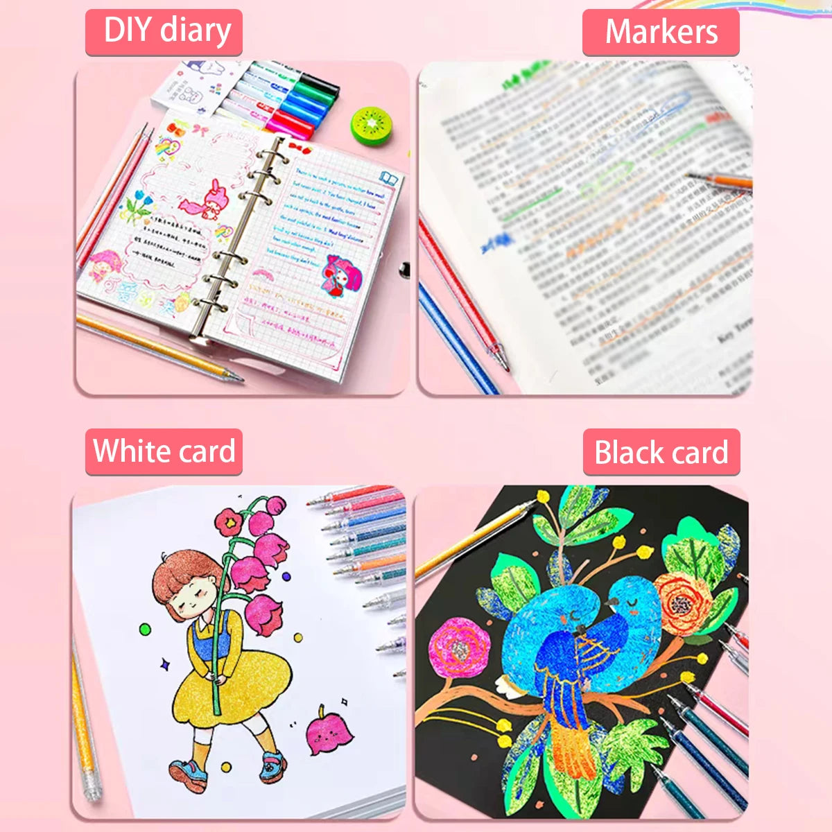 A set of markers, a DIY diary, white card, and black card for writing and decoration.