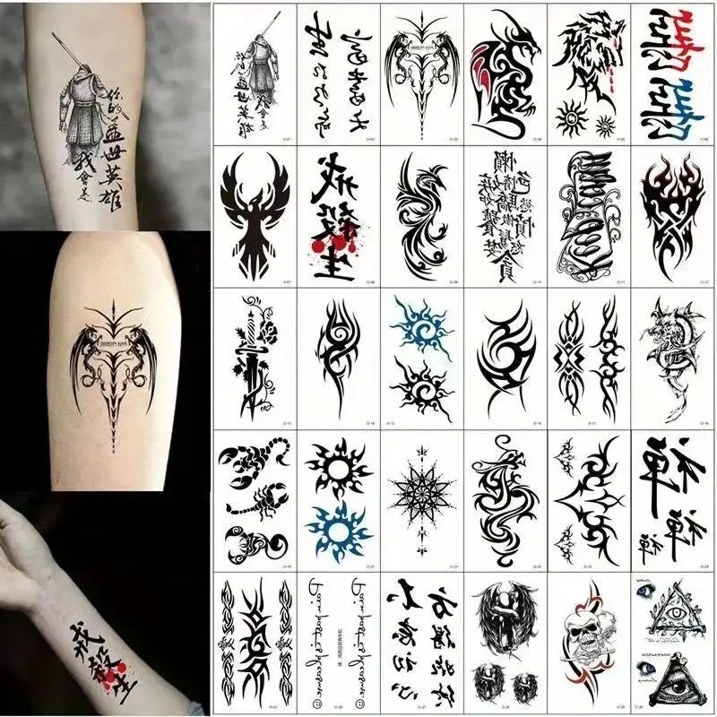 Una cuadrícula de pegatinas de tatuajes temporales de múltiples diseños con diversos motivos asiáticos tradicionales y estili