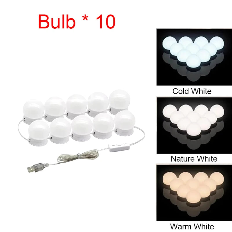 Ten LED bulbs displayed in three color variations: Cold White, Nature White, and Warm White.