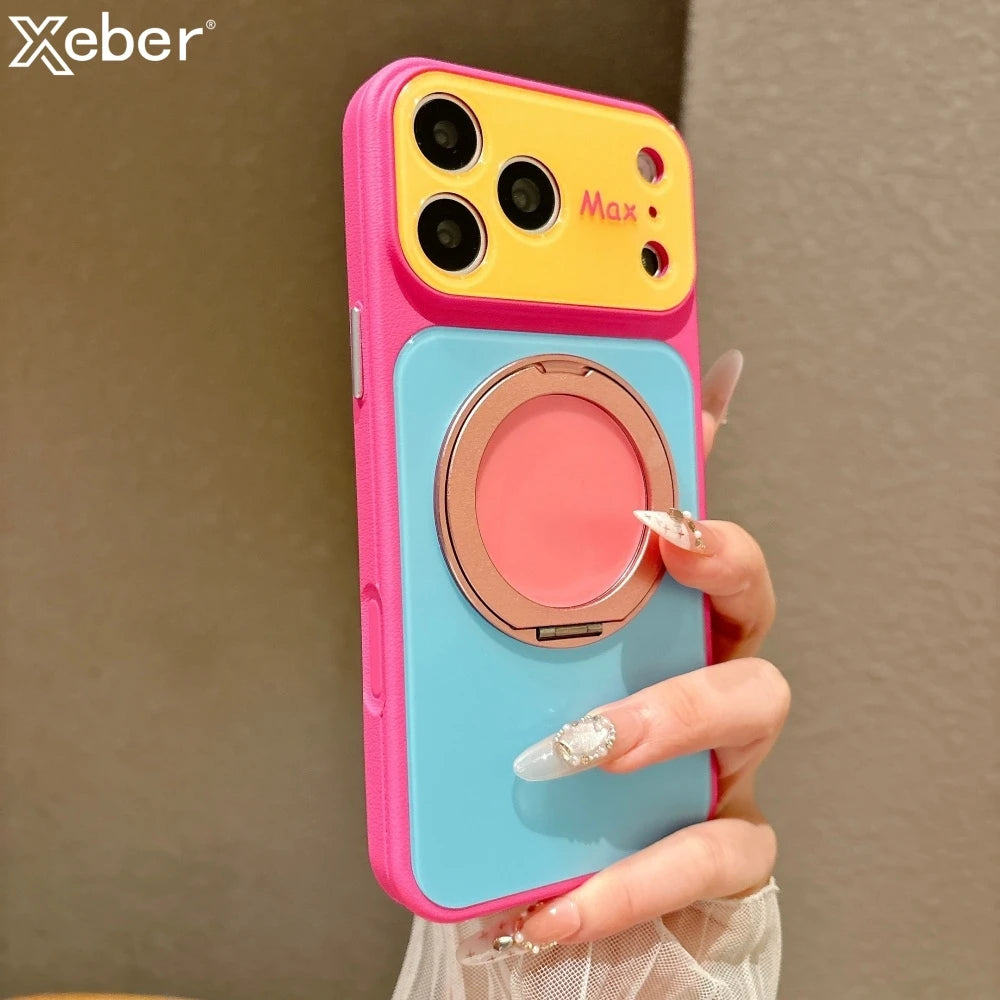 A hand holds a pink and blue phone case with a magnetic ring stand and camera protection features.