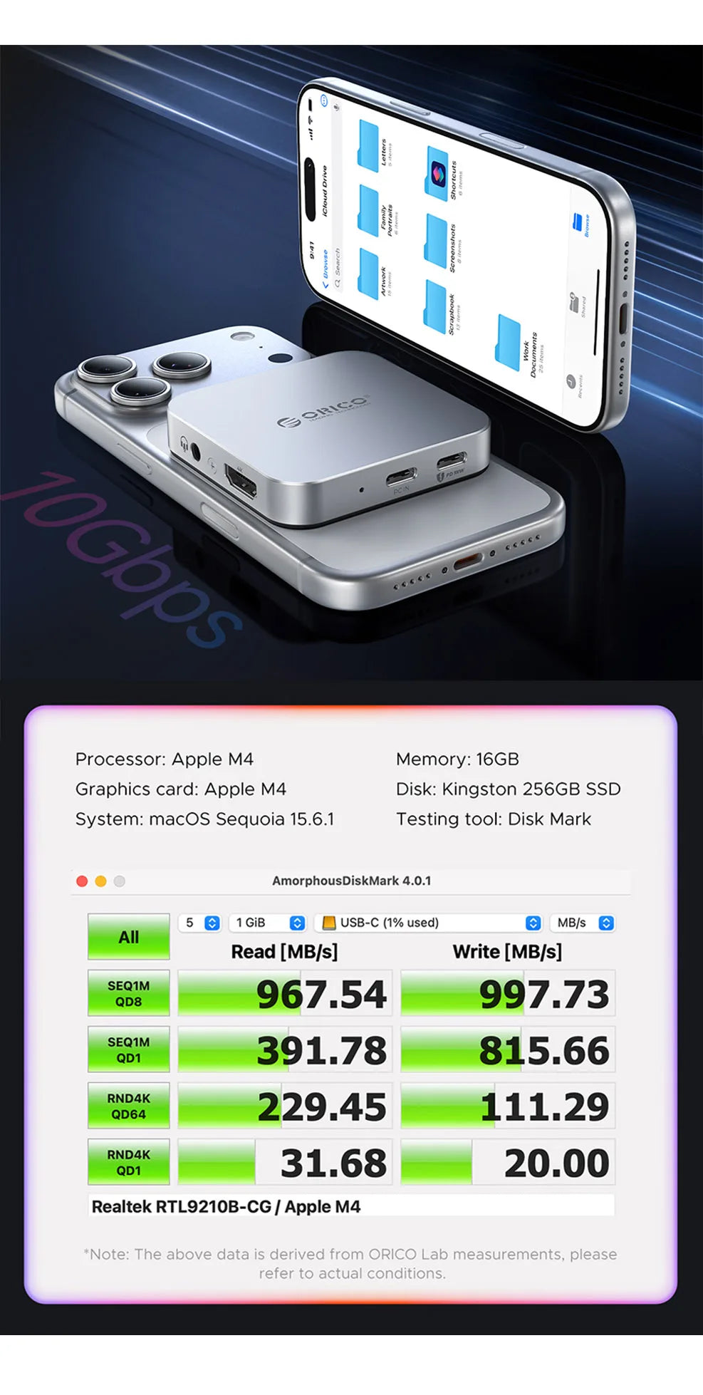 A silver high-speed NVMe SSD is shown connected to a laptop, displaying performance metrics on a screen.