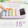 A pink 15-degree ergonomic calculator with colored keys is shown next to a finger demonstrating the design.