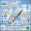 A silver 2-in-1 dual interface OTG flash drive with multiple connectors and features for wide compatibility and expandable st