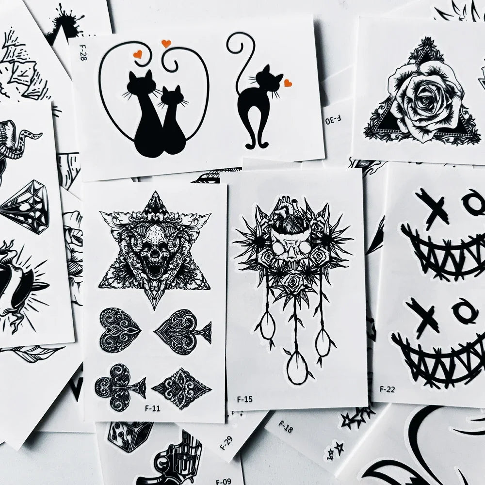Colección de pegatinas temporales en blanco y negro con diseños de gatos, rosas, calaveras e intrincados detalles